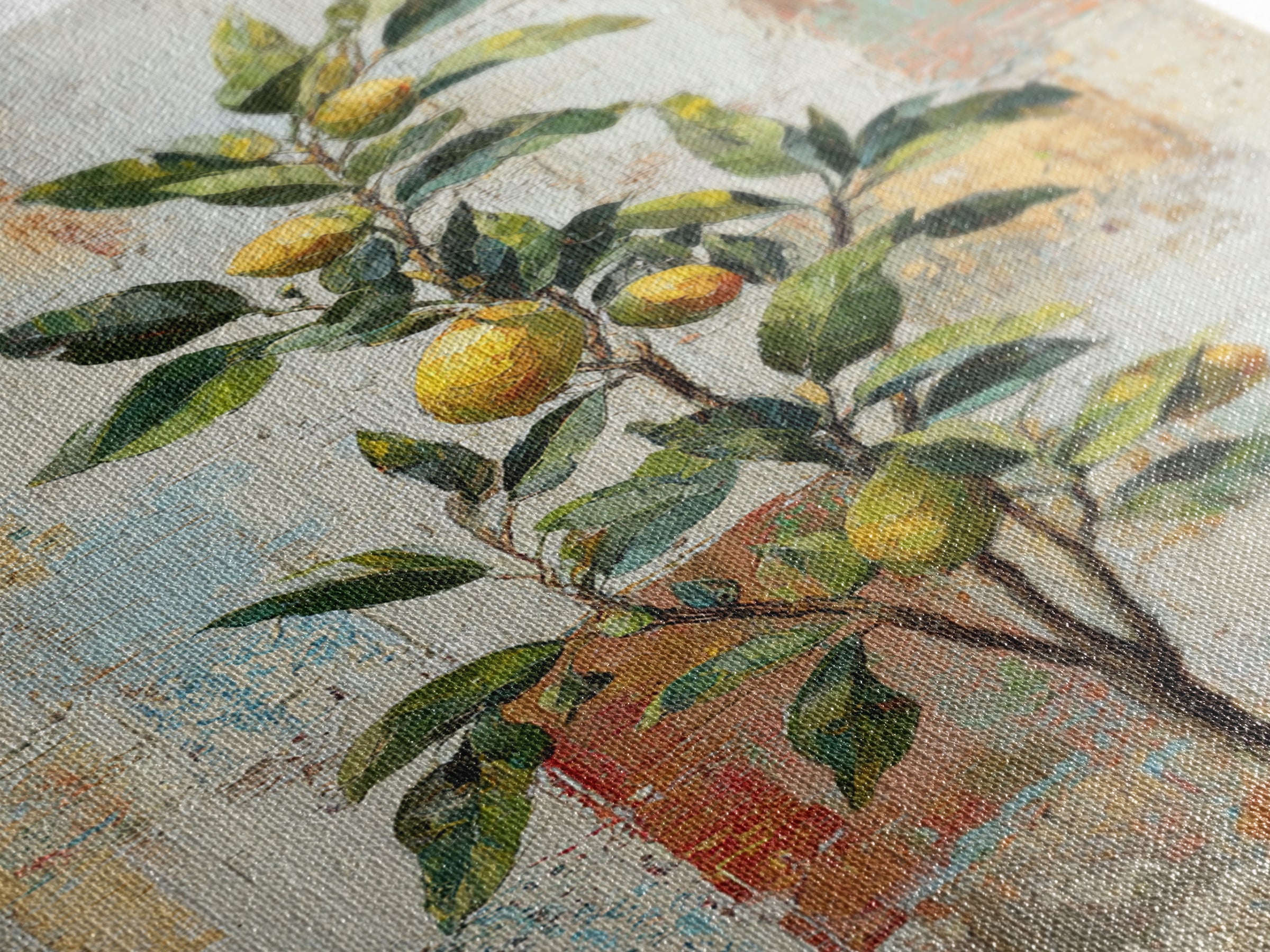 Sicilian Lemon Branch on Ivory Background Framed Canvas Print, Mediterranean Art, Oil Painting, Living Room Decor, MAR-2x3-69