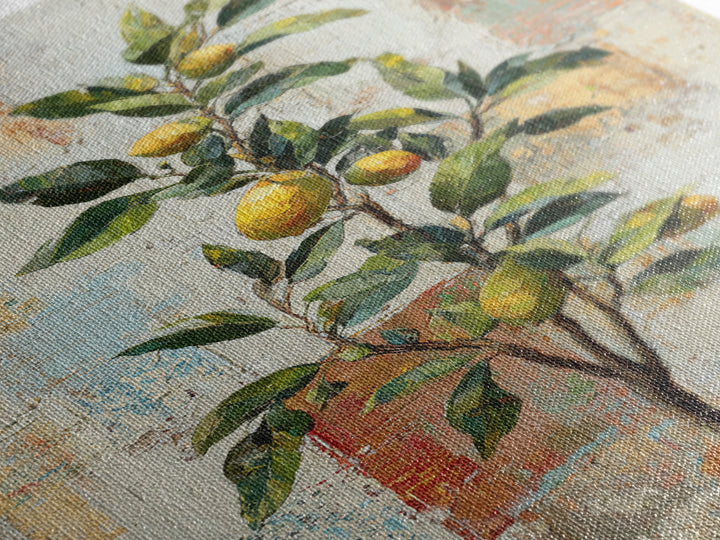 Sicilian Lemon Branch on Ivory Background Framed Canvas Print, Mediterranean Art, Oil Painting, Living Room Decor, MAR-2x3-69