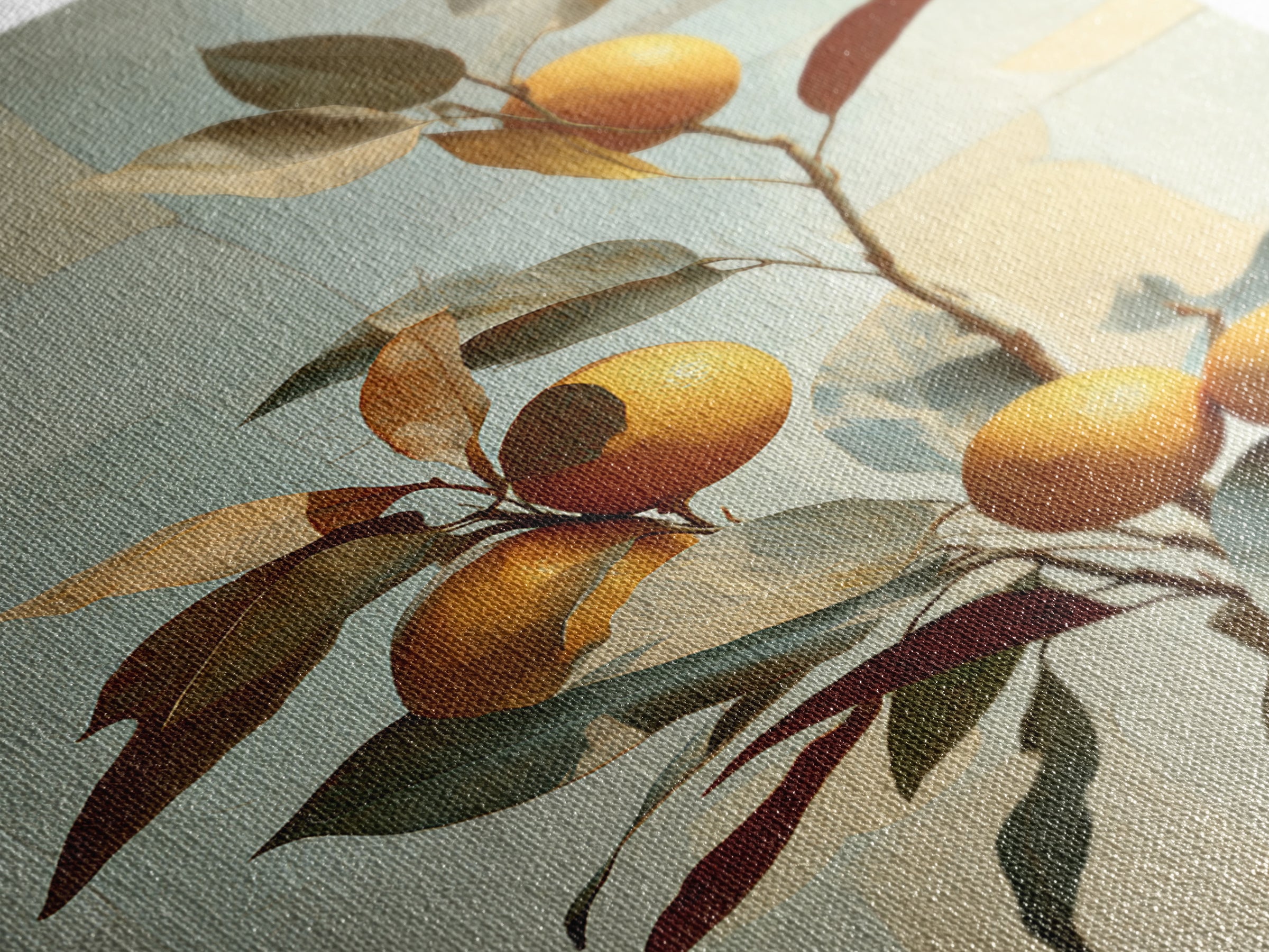 Ceramic Bowl of Oranges and Leaves Canvas Print, Mediterranean Art, Large Wall Art, Living Room Decor, Fine Art, Azure, MAR-2x3-77