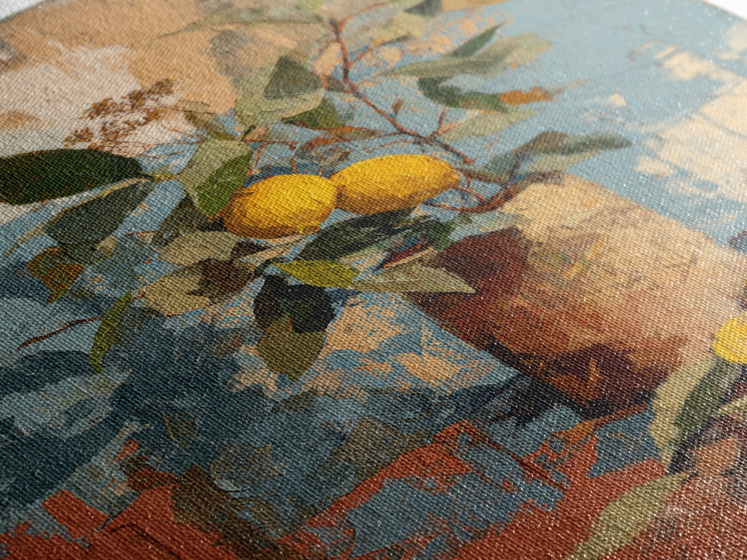 Olive Branch and Lemons on Terracotta Ground Canvas Print, Mediterranean Art, Contemporary Art, Living Room Decor, Azure, MAR-2x3-82