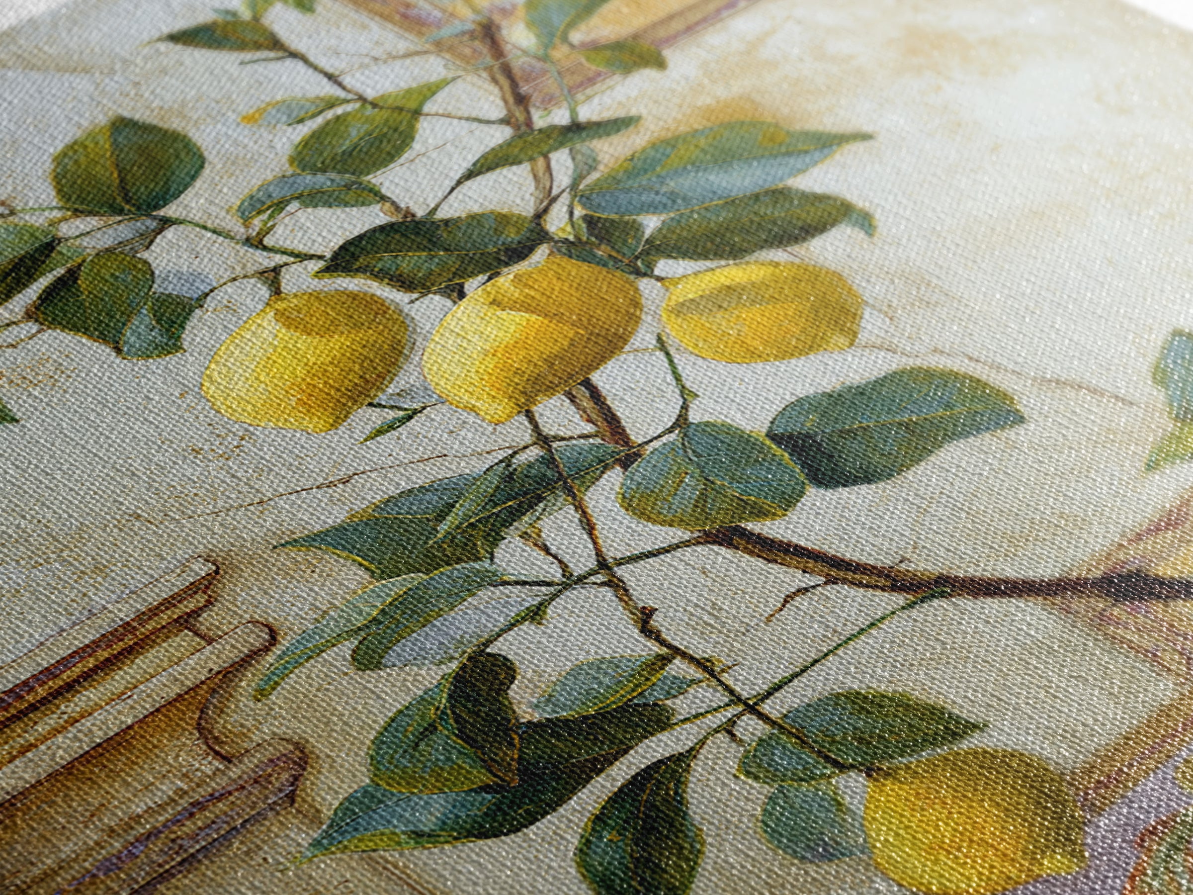 Sicilian Lemon Branch on Ivory Background Framed Canvas Print, Mediterranean Art, Oil Painting, Living Room Decor, MAR-2x3-93
