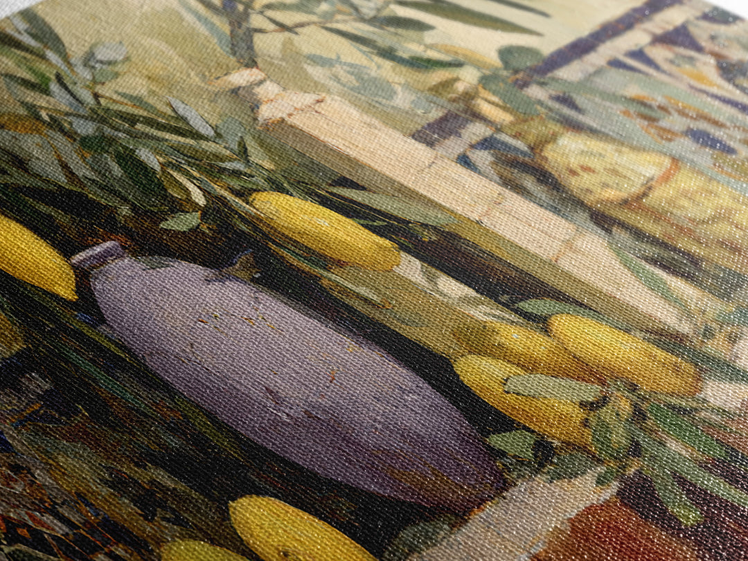 Olive Branch and Lemons on Terracotta Ground Canvas Print, Mediterranean Art, Digital Wall Art, Living Room Decor, Azure, MAR-3x1-18