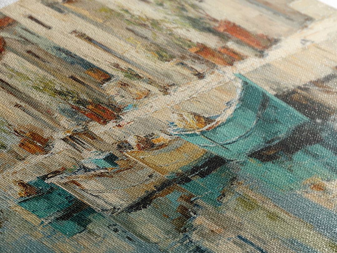 Coastal Fishing Boats Framed Canvas Print, Mediterranean Art, Contemporary Art, Living Room Decor, Oil Painting, Azure, MAR-3x1-47