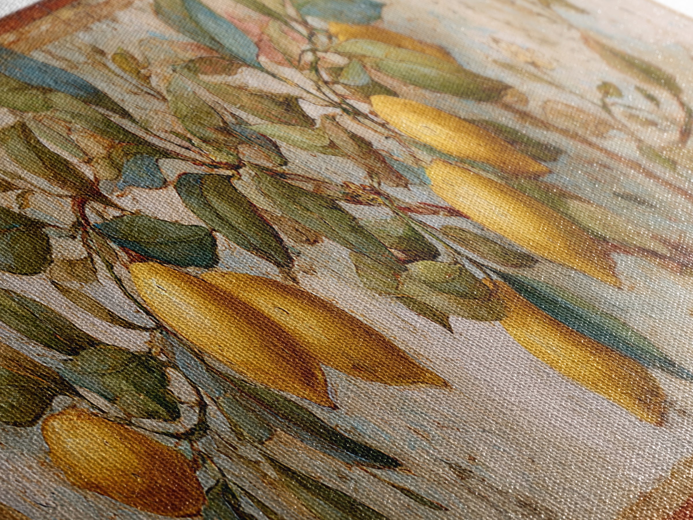 Sicilian Lemon Branch on Ivory Background Canvas Print, Mediterranean Art, Modern Wall Art, Living Room Decor, Azure, MAR-3x1-53