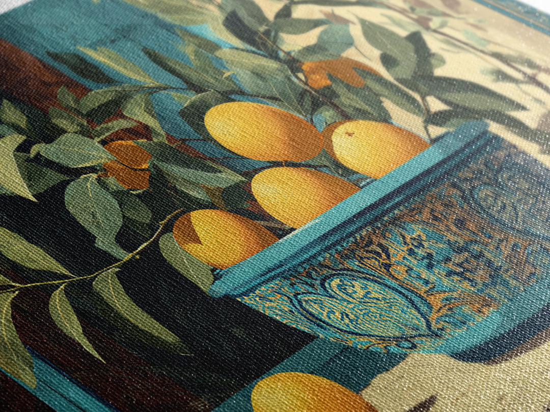 Ceramic Bowl of Oranges and Leaves Canvas Print, Mediterranean Art, Large Wall Art, Living Room Decor, Fine Art, Azure, MAR-3x2-1
