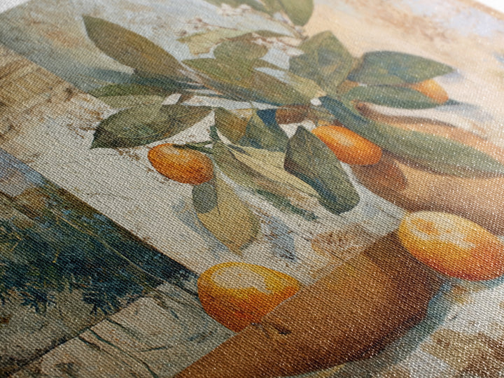Ceramic Bowl of Oranges and Leaves Framed Canvas Print, Mediterranean Art, Horizontal Wall Art, Living Room Decor, Abstract Art, MAR-3x2-25
