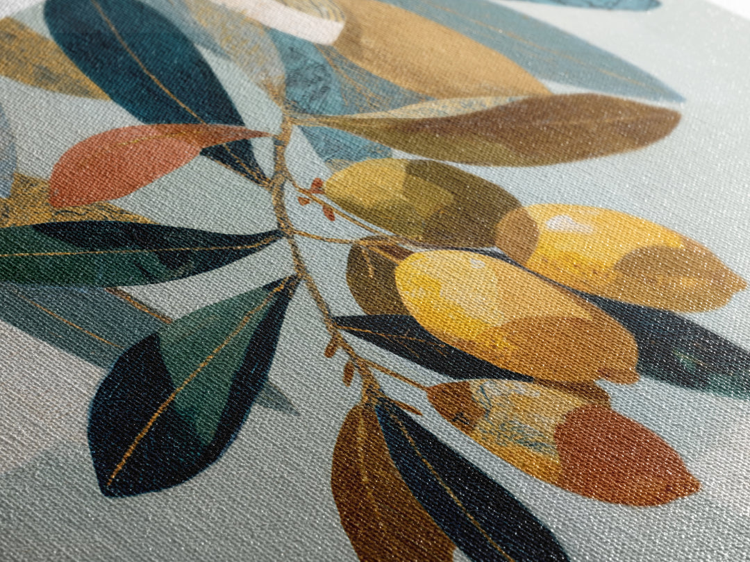 Olive Branch and Lemons on Terracotta Ground Canvas Print, Mediterranean Art, Horizontal Wall Art, Living Room Decor, Azure, MAR-3x2-30