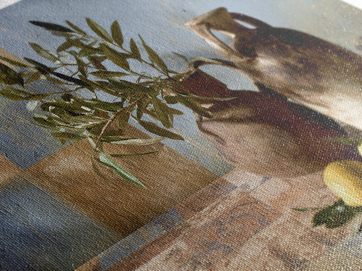 Olive Branch and Lemons on Terracotta Ground Canvas Print, Mediterranean Art, Horizontal Wall Art, Living Room Decor, Azure, MAR-3x2-54