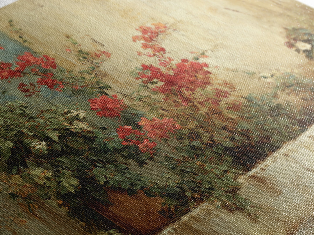Bougainvillea Cascading over Stone Wall Canvas Print, Mediterranean Art, Watercolor Painting, Living Room Decor, Azure, MAR-3x2-57