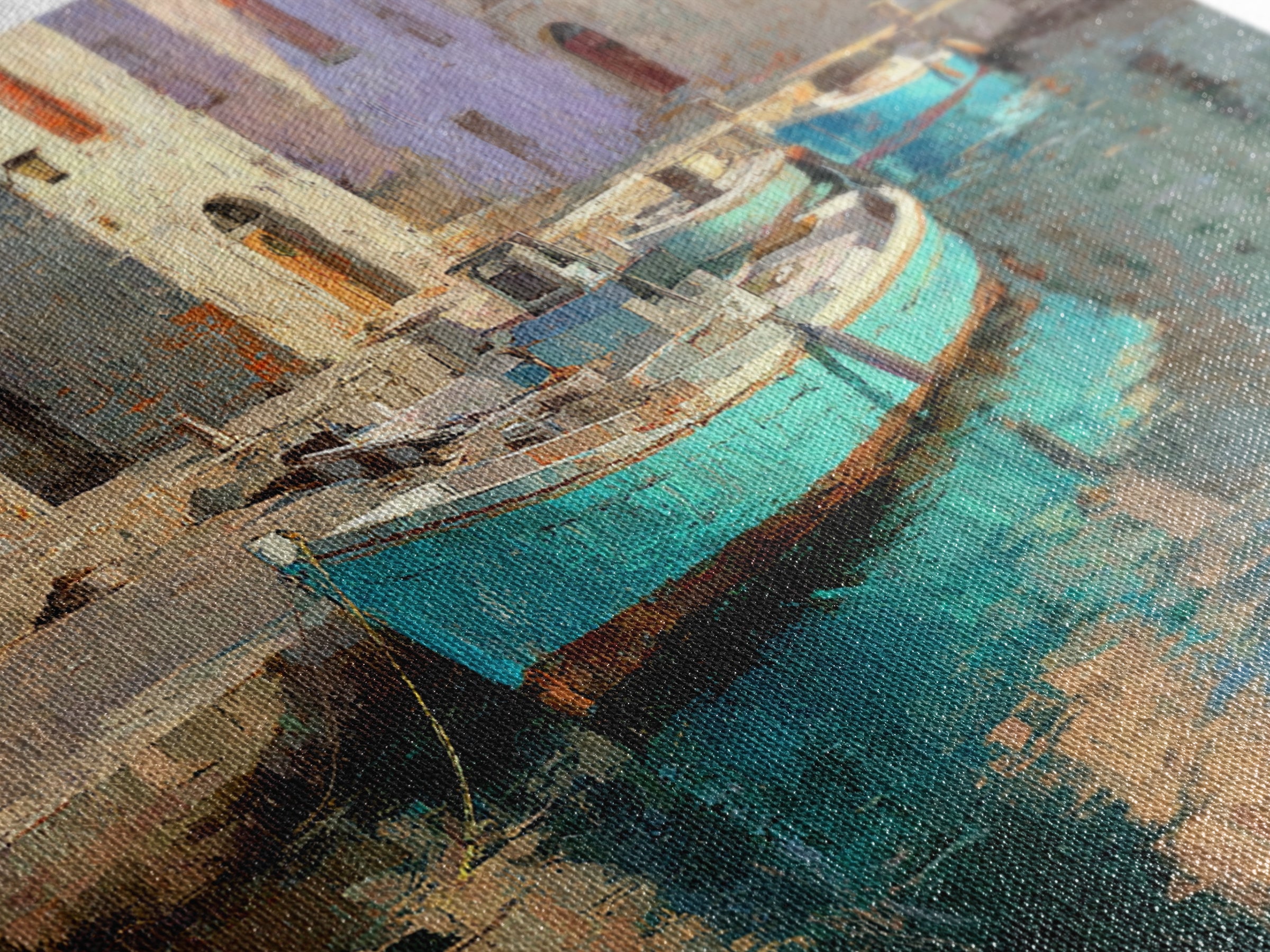 Coastal Fishing Boats Framed Canvas Print, Mediterranean Art, Beach Prints, Living Room Decor, Oil Painting, Azure, Art Print, MAR-3x2-59
