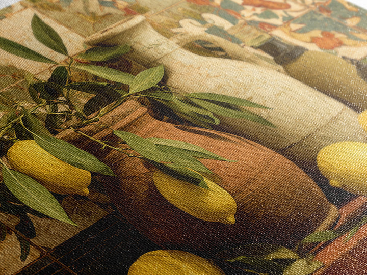Olive Branch and Lemons on Terracotta Ground Framed Canvas Print, Mediterranean Art, Large Wall Art, Living Room Decor, Azure, MAR-3x2-6