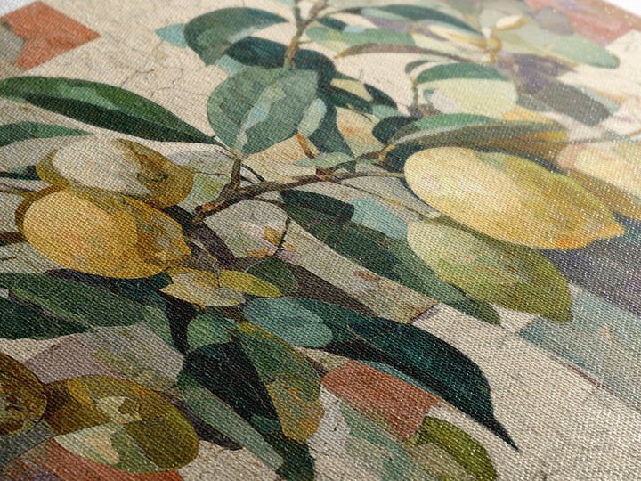Olive Branch and Lemons on Terracotta Ground Canvas Print, Mediterranean Art, Coastal Wall Art, Living Room Decor, Azure, MAR-3x2-78