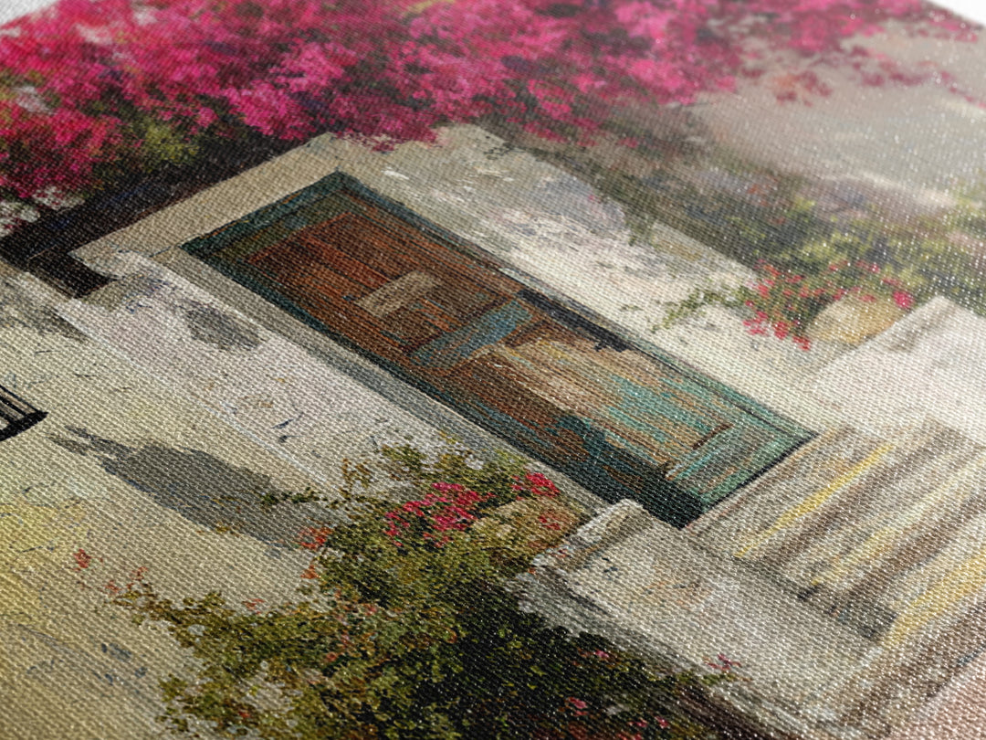 Bougainvillea Cascading over Stone Wall Framed Canvas Print, Mediterranean Art, Watercolor Art, Living Room Decor, Azure, MAR-3x2-81