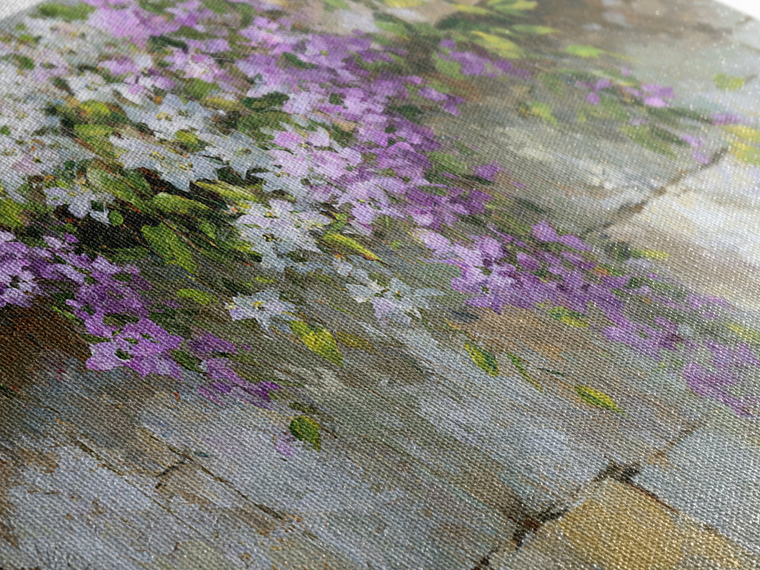Bougainvillea Cascading over Stone Wall Framed Canvas Print, Mediterranean Art, Digital Print, Living Room Decor, Azure, MAR-3x2-9