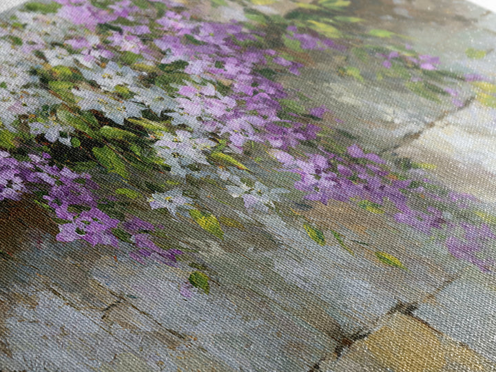 Bougainvillea Cascading over Stone Wall Framed Canvas Print, Mediterranean Art, Digital Print, Living Room Decor, Azure, MAR-3x2-9