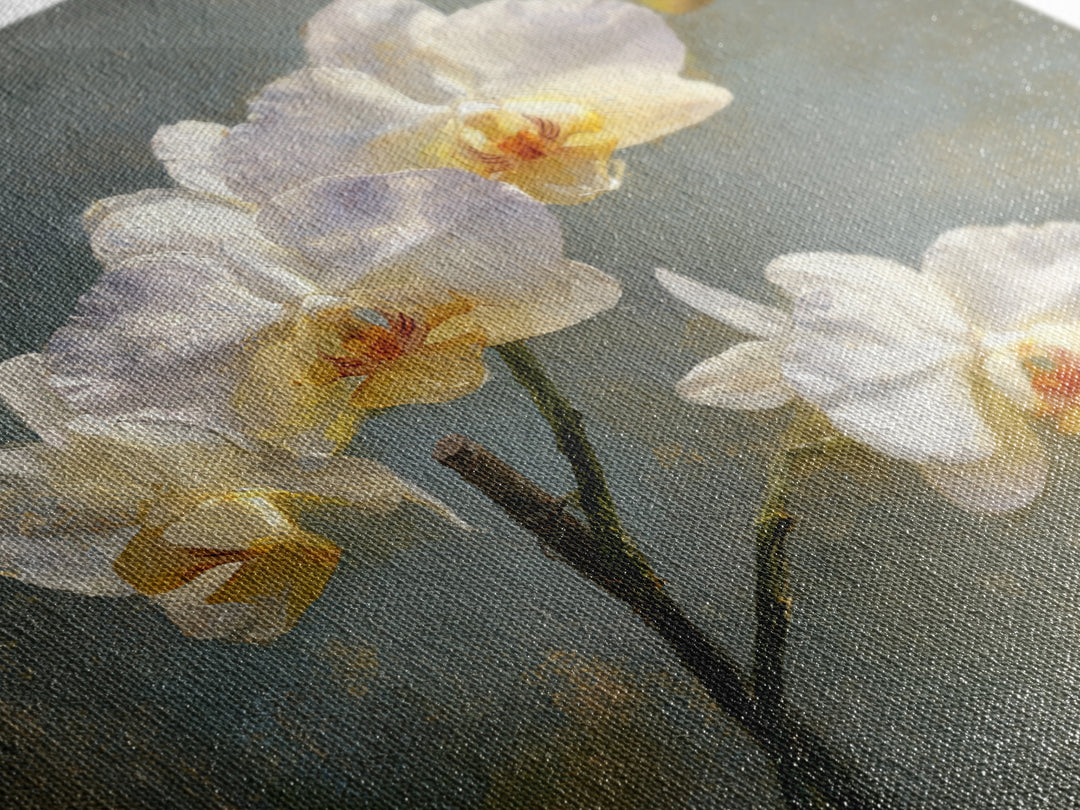 White Orchids Against Warm Gray Background Framed Canvas Print, Master Bedroom, Bedroom Decor, Abstract Art, Sanctuary, MAS-1x1-33