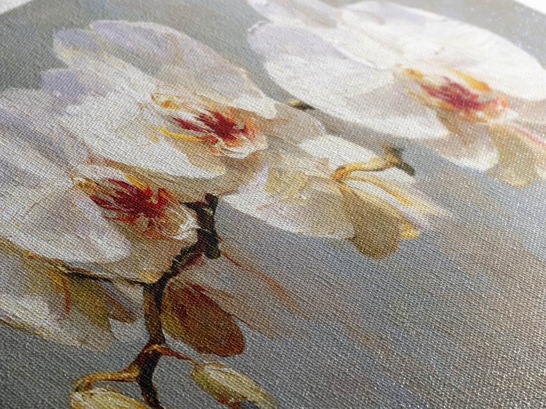 White Orchids Against Warm Gray Background Canvas Print, Master Bedroom, Farmhouse Wall Decor, Bedroom Decor, Oil Painting, MAS-2x1-53