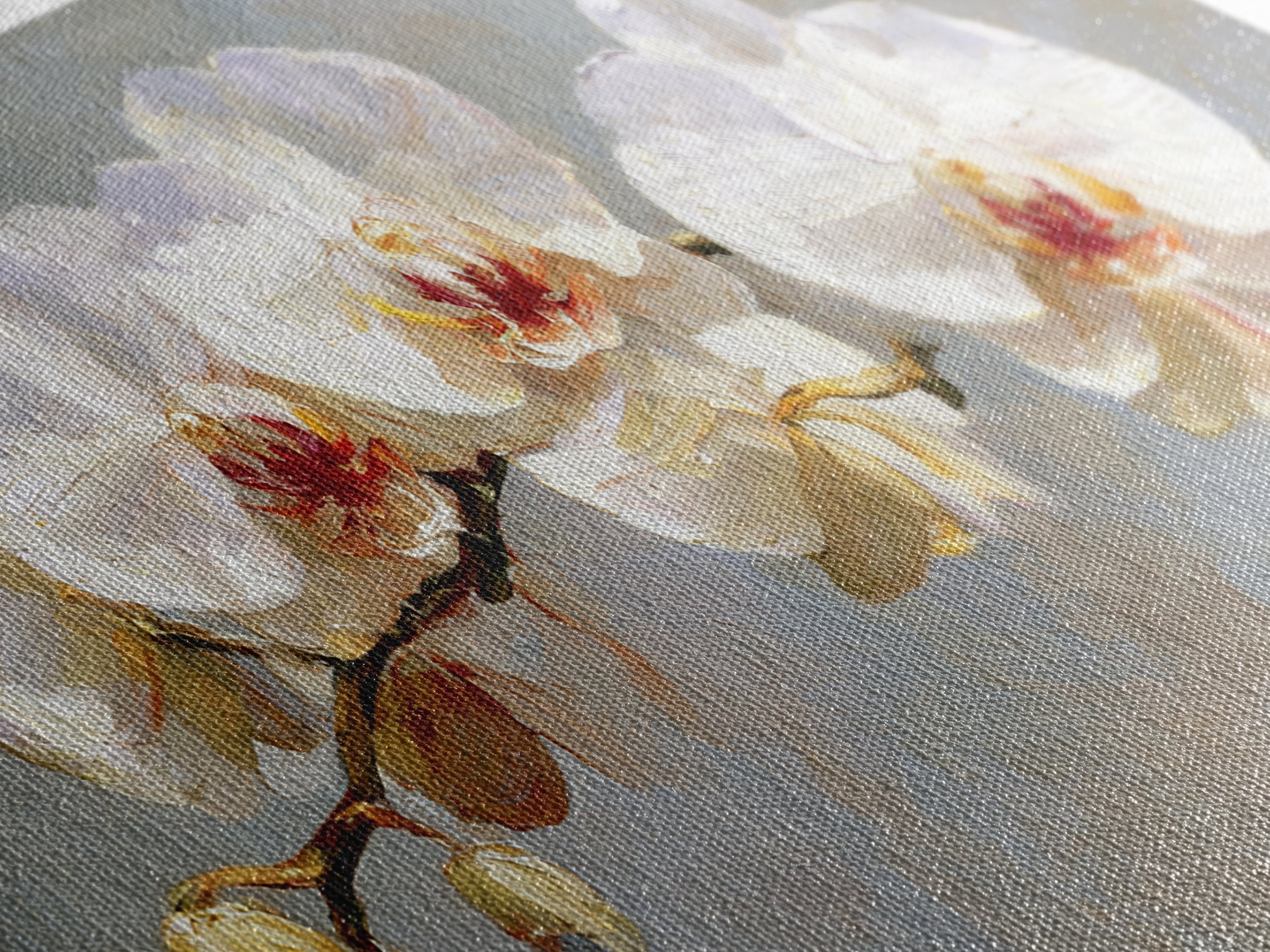 White Orchids Against Warm Gray Background Canvas Print, Master Bedroom, Farmhouse Wall Decor, Bedroom Decor, Oil Painting, MAS-2x1-53