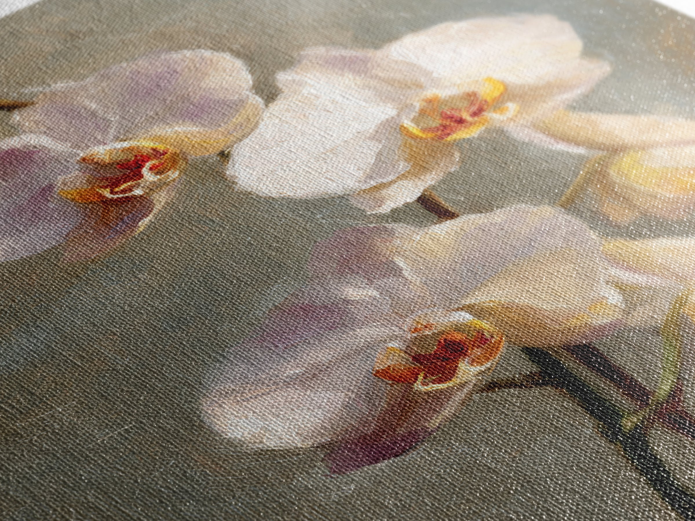White Orchids Against Warm Gray Background Framed Canvas Print, Master Bedroom, Canvas Print, Bedroom Decor, Abstract Art, MAS-2x3-41