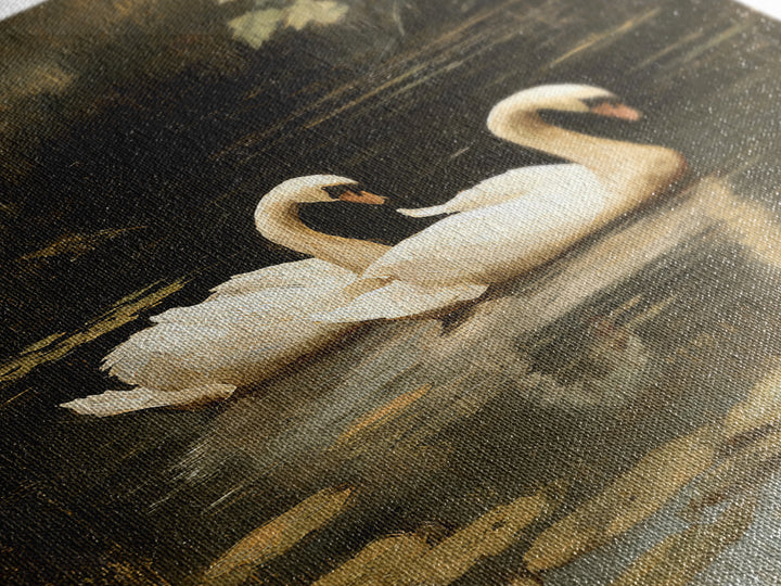 Romantic Swan Pair on Dark Water Canvas Print, Master Bedroom, Over Bed Wall Art, Bedroom Decor, Oil Painting, Sanctuary, MAS-2x3-95
