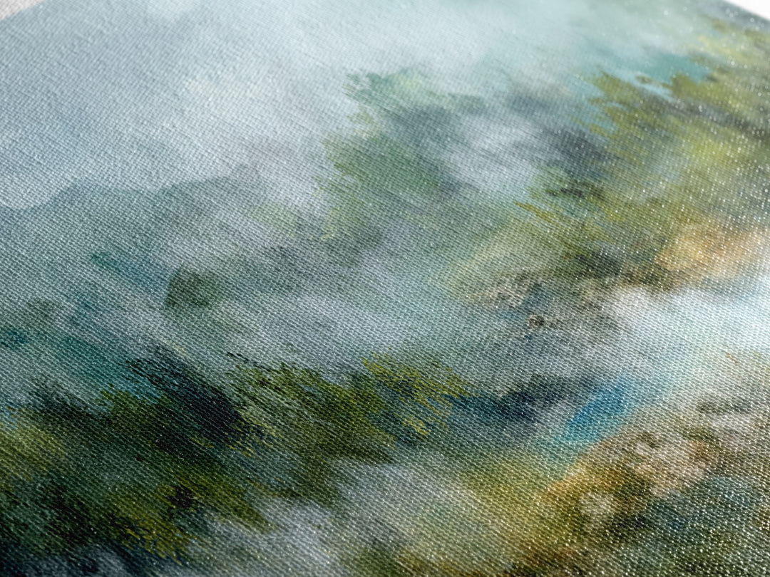 Peaceful Waterfall in Misty Green Forest Canvas Print, Master Bedroom, Minimalist Decor, Bedroom Decor, Oil Painting, Sanctuary, MAS-3x1-35