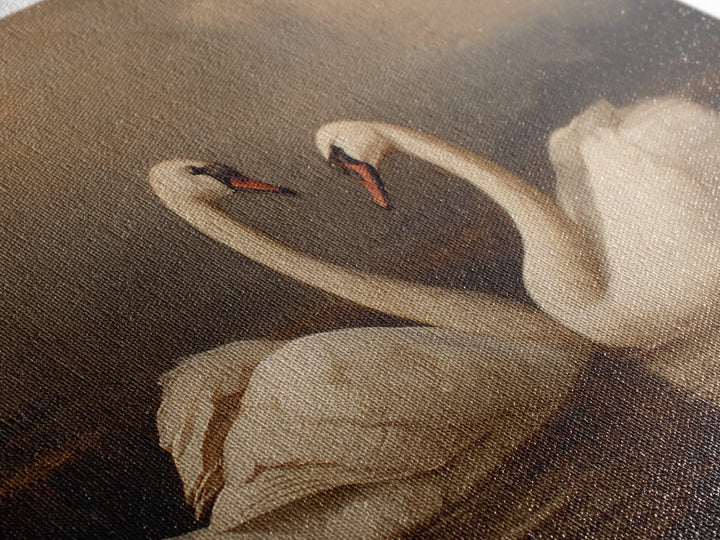 Romantic Swan Pair on Dark Water Framed Canvas Print, Master Bedroom, Farmhouse Wall Decor, Bedroom Decor, Oil Painting, MAS-3x2-91