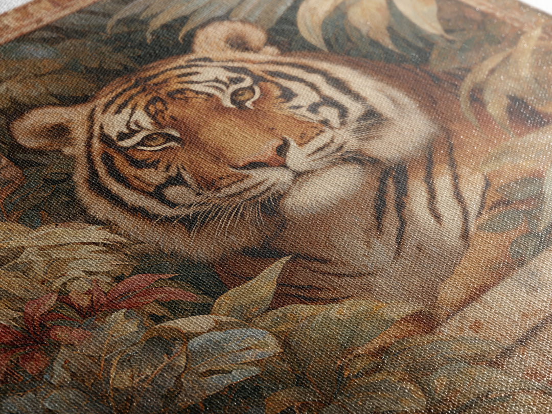 Bold Patterned Tiger Surrounded by Tropical Leaves Canvas Print, Maximalist Art, Moody Wall Art, Living Room Decor, Maximal, MAX-1x1-26