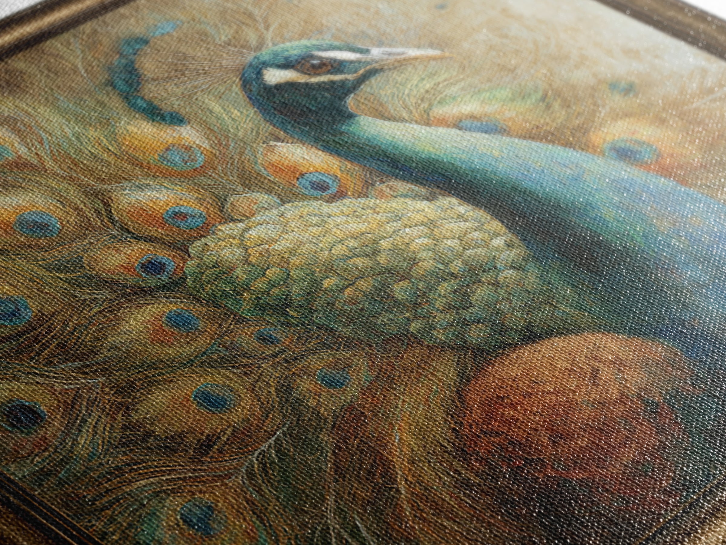 Dramatic Peacock with Oversized Feather Pattern Framed Canvas Print, Maximalist Art, Gallery Decor, Living Room Decor, Maximal, MAX-1x1-32