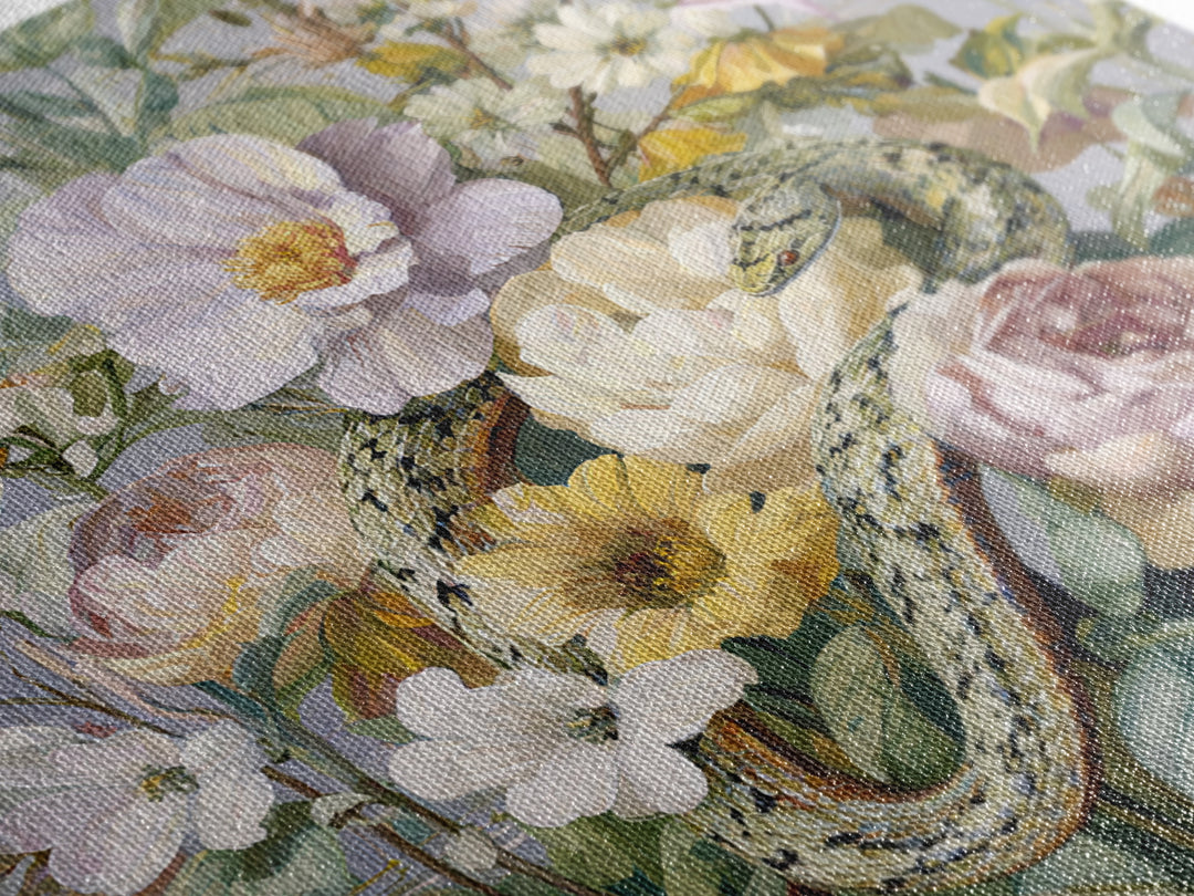 Highly Patterned Snake and Flower Composition Framed Canvas Print, Maximalist Art, Boho Decor, Living Room Decor, Maximal, MAX-1x1-61