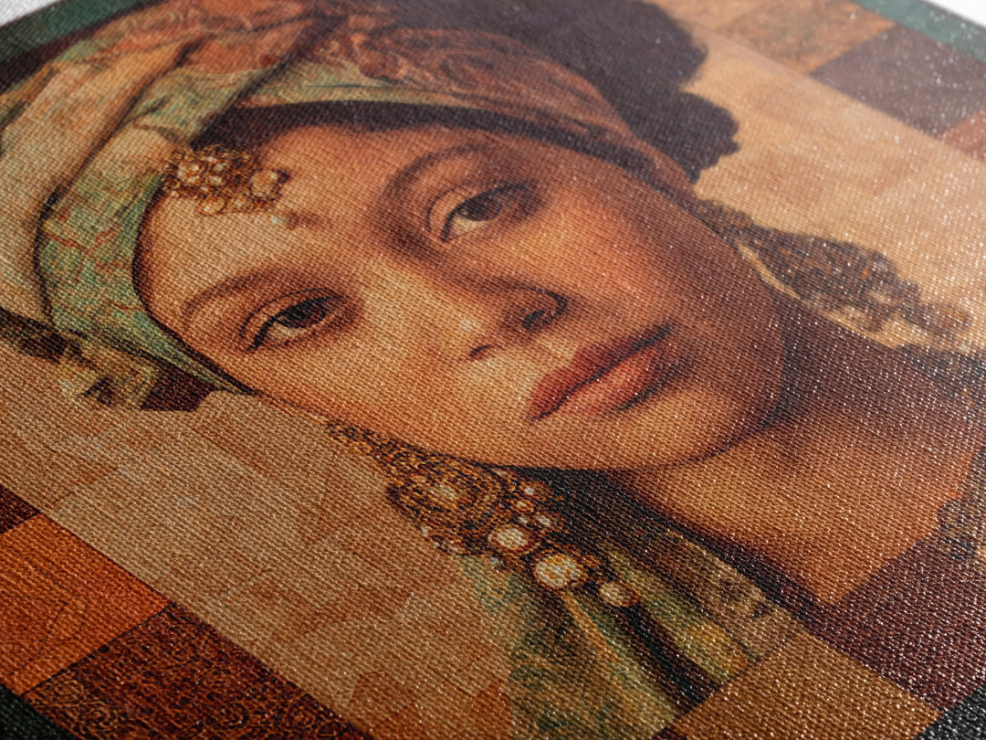 Ornate Portrait with Layered Textiles and Jewels Canvas Print, Maximalist Art, Retro Wall Art, Living Room Decor, Oil Painting, MAX-1x1-76