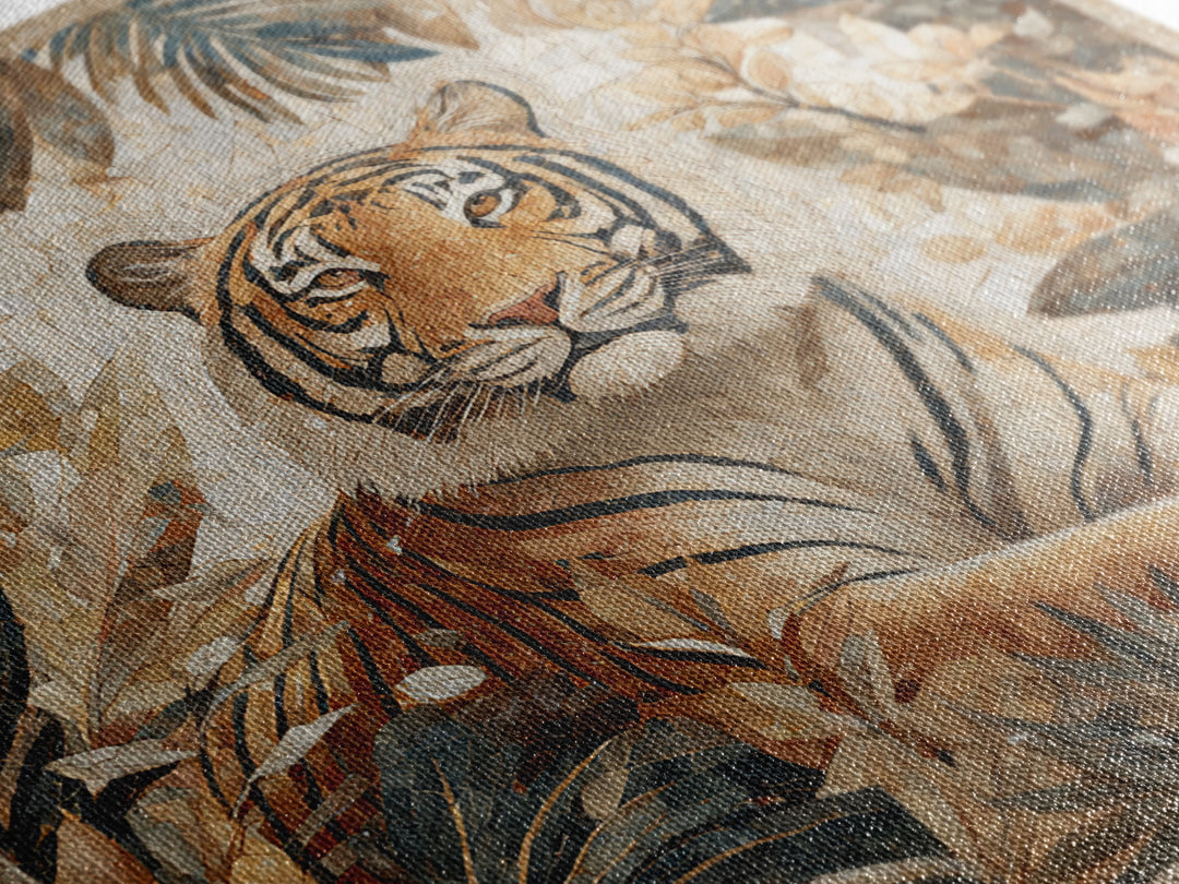 Bold Patterned Tiger Surrounded by Tropical Leaves Canvas Print, Maximalist Art, Textured Painting, Living Room Decor, Maximal, MAX-1x1-98