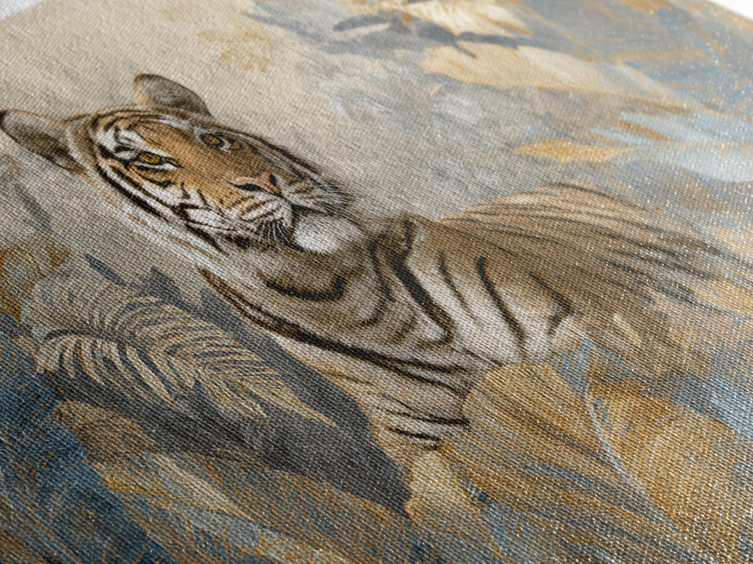 Bold Patterned Tiger Surrounded by Tropical Leaves Canvas Print, Maximalist Art, Textured Painting, Living Room Decor, Maximal, MAX-2x1-22