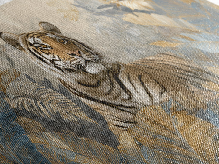 Bold Patterned Tiger Surrounded by Tropical Leaves Canvas Print, Maximalist Art, Textured Painting, Living Room Decor, Maximal, MAX-2x1-22
