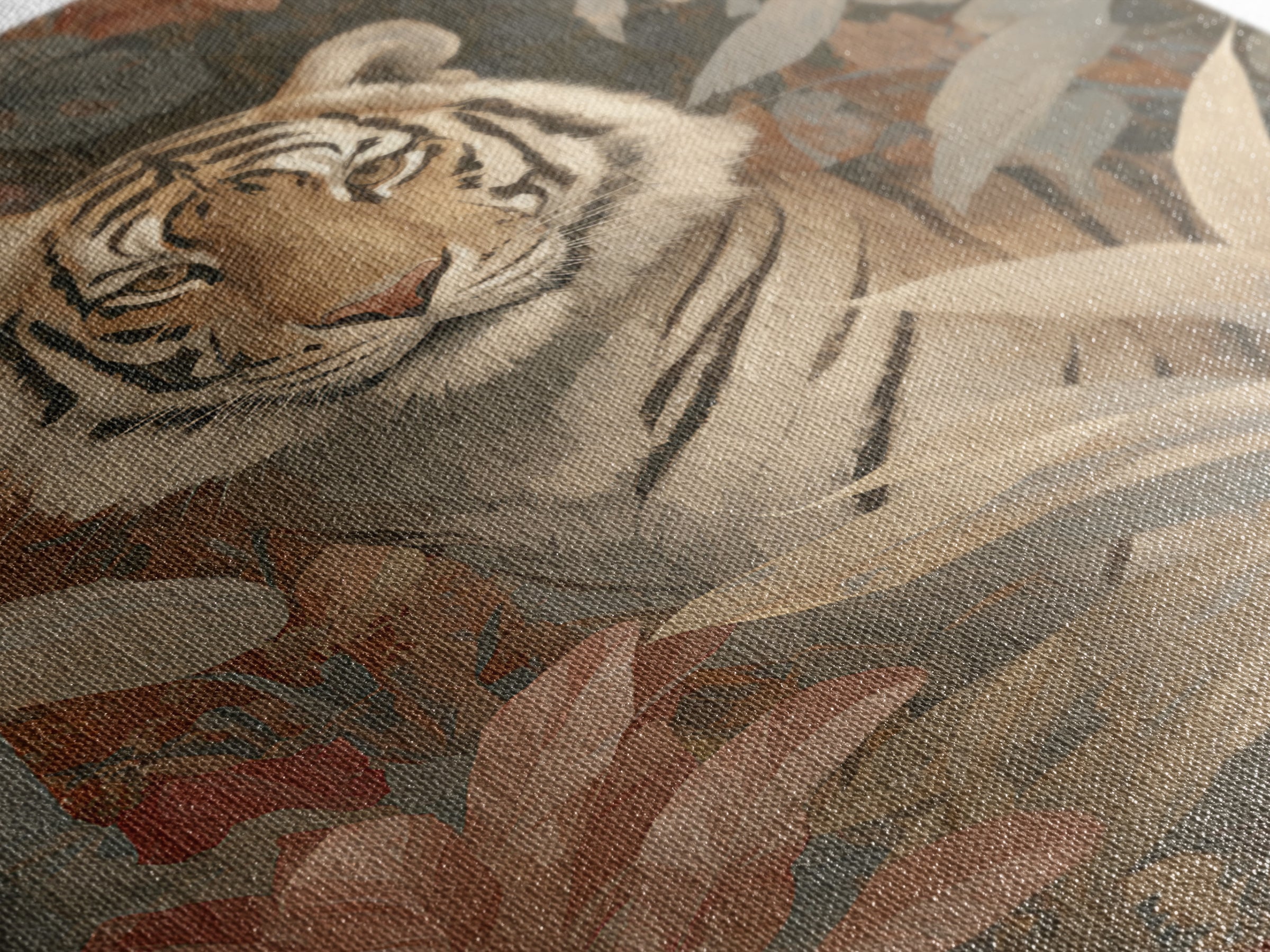 Bold Patterned Tiger Surrounded by Tropical Leaves Canvas Print, Maximalist Art, Art Nouveau, Living Room Decor, Maximal, MAX-2x3-58