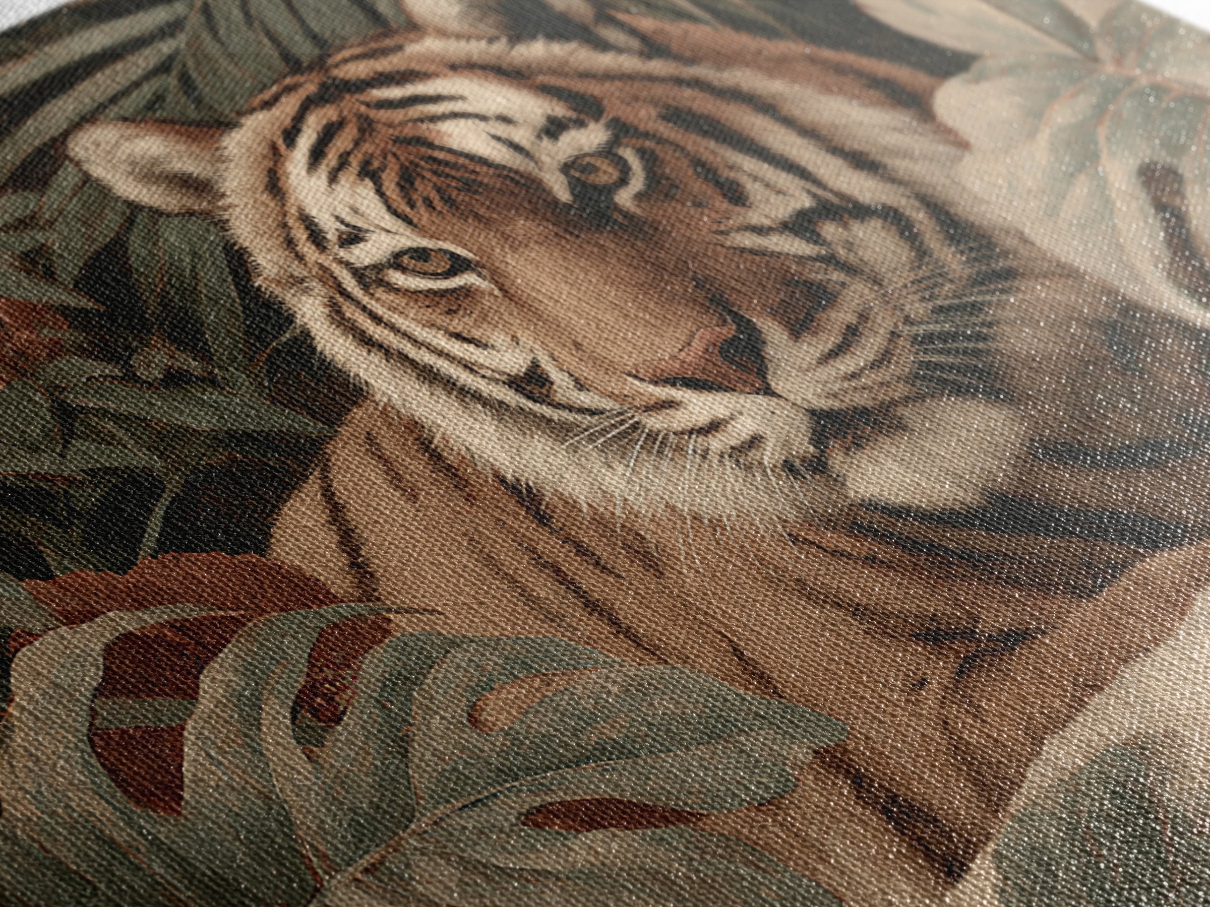 Bold Patterned Tiger Surrounded by Tropical Leaves Canvas Print, Maximalist Art, Modern Wall Art, Living Room Decor, Maximal, MAX-3x2-30