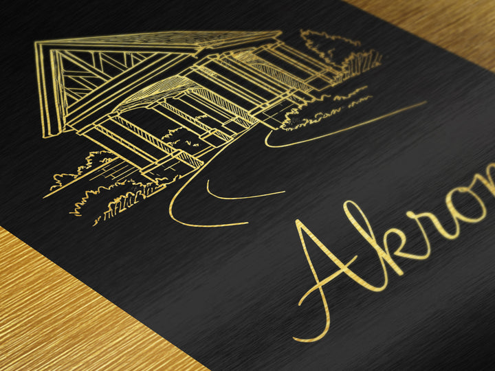 Akron Ohio Art, Metallic Gold Print, Wood Framed Art, Metal Art, Office Decor, Traveler Gift, College Dorm Décor