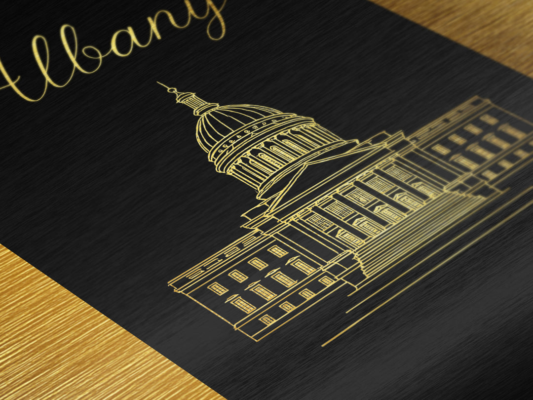 Albany New York Travel, Metallic Gold Art, Wood Framed Art, Metal Art, Modern Skyline Wall Print, Honeymoon Gift