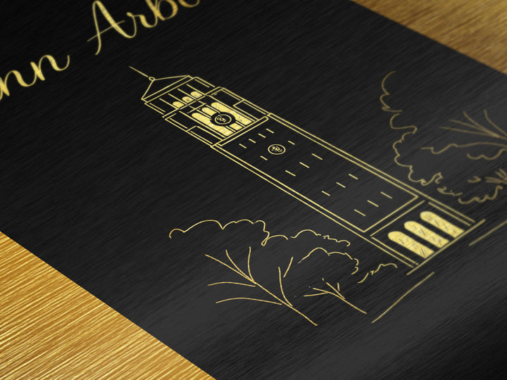 Ann Arbor Michigan Travel, Metallic Gold Art, Wood Framed Art, Metal Art, Modern Skyline Wall Print, Anniversary Travel Gift
