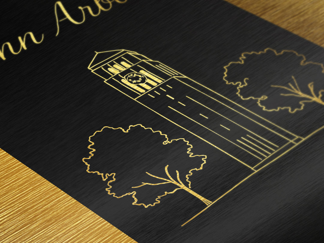 Ann Arbor Michigan Art, Metallic Gold Print, Wood Framed Art, Metal Art, Minimalist Wall Art, Graduation Travel Gift