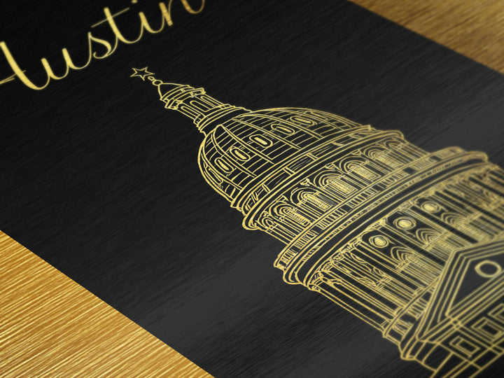 Austin Texas Art, Metallic Gold Print, Wood Framed Art, Metal Art, Modern Wall Art, Traveler Gift, Adventure Lover Gift
