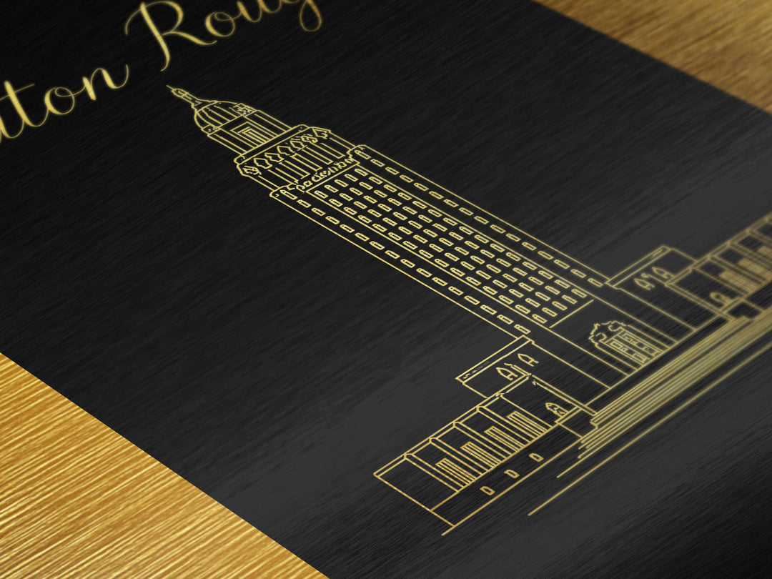Baton Rouge Louisiana Art, Metallic Gold Print, Wood Framed Art, Metal Art, Office Decor, Traveler Gift, Bedroom Wall Art