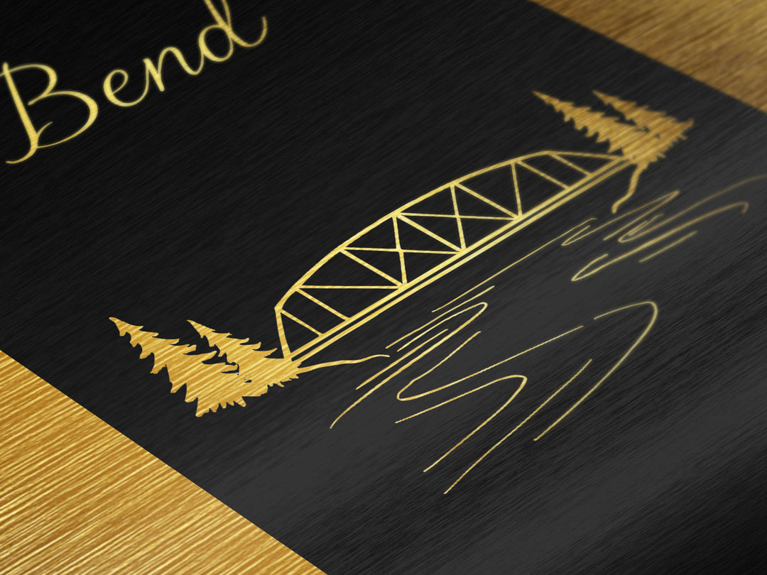 Bend Oregon Travel, Metallic Gold Art, Wood Framed Art, Metal Art, Modern Skyline Wall Print, Graduation Travel Gift, Wanderlust Gift