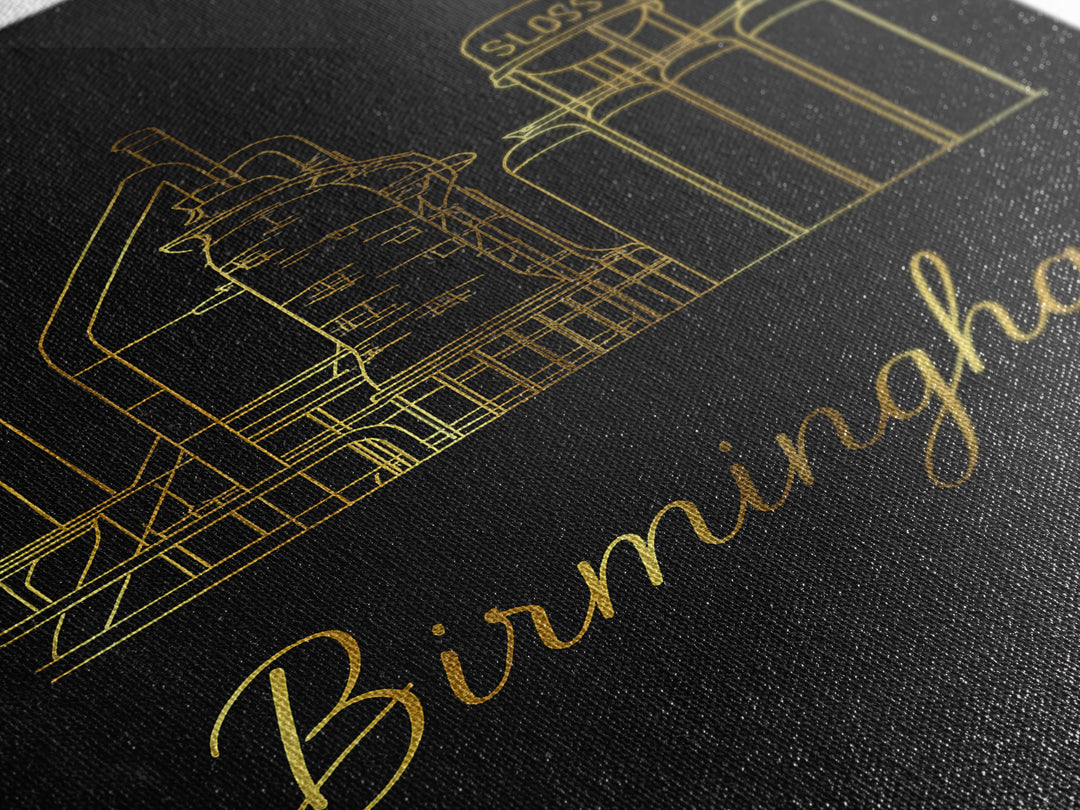 Birmingham Travel Poster, Canvas Print, Minimalist Gold Line Art, Birmingham Travel Art, Fine Art Print, Travel Art Print, City Art Print