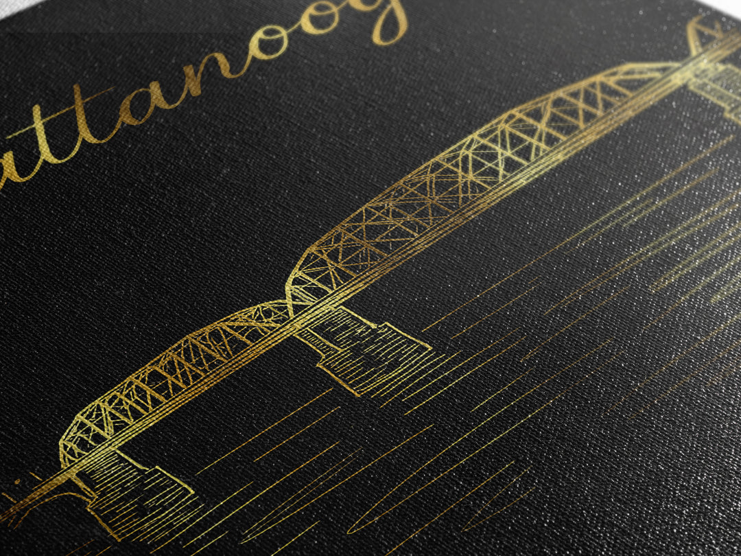 Chattanooga Tennessee Travel Poster, Canvas Print, Gold Outline Poster Art, Chattanooga Wall Art, Mid Century Wall Art, Travel Art Print