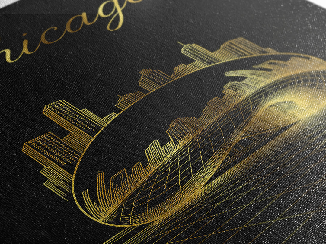 Chicago Illinois Travel Poster, Framed Canvas Print, Gold Outline Poster Art, Chicago Travel Art, Gift For Travelers, Retro Travel Print