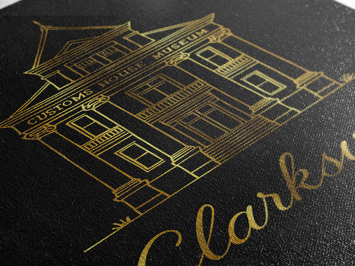 Clarksville Travel Poster, Framed Canvas Print, Gold Outline Poster Art, Clarksville Poster Print, Vintage City Art, Retro Travel Print