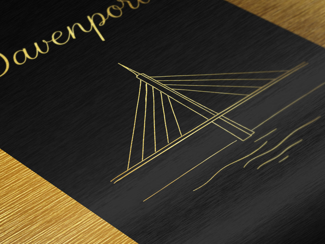 Davenport Iowa Art, Metallic Gold Print, Wood Framed Art, Metal Art, Modern Skyline Wall Print, Birthday Gift, Entryway Wall Print