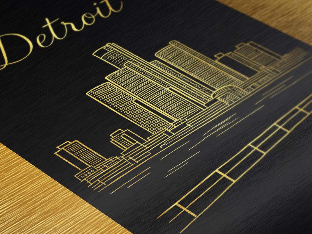 Detroit Michigan Travel, Metallic Gold Art, Wood Framed Art, Metal Art, Modern Skyline Wall Print, Wanderlust Gift, Bedroom Art