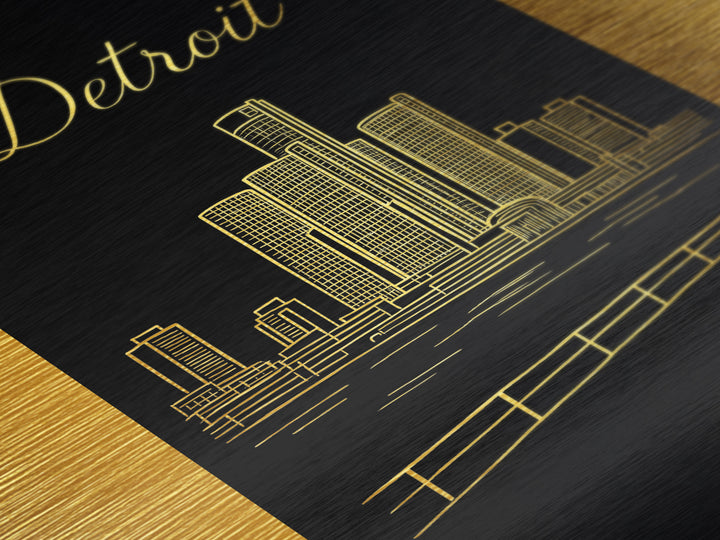 Detroit Michigan Travel, Metallic Gold Art, Wood Framed Art, Metal Art, Modern Skyline Wall Print, Wanderlust Gift, Bedroom Art