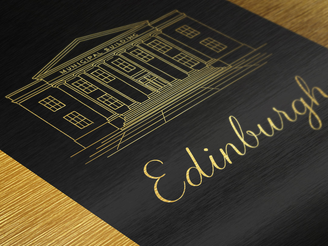Edinburgh Indiana Travel, Metallic Gold Print, Wood Framed Art, Metal Art, Modern House Art, Traveler Gift, Living Room Art